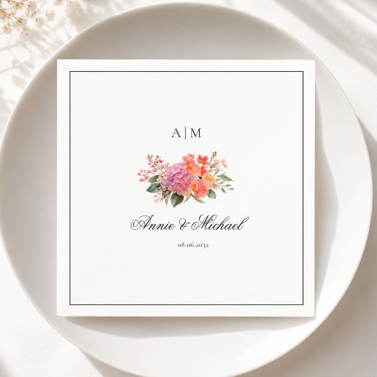 Serviette En Papier Élégant Monogramme Floral Script Bordure Mariage