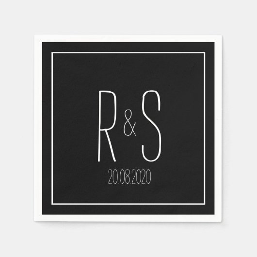 Serviette En Papier Élégant Monogramme initial Noir blanc mariage (Devant)