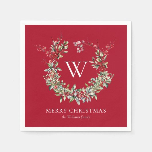 Serviette En Papier Élégant Monogramme Joyeux Noël Vacances Wreath (Devant)