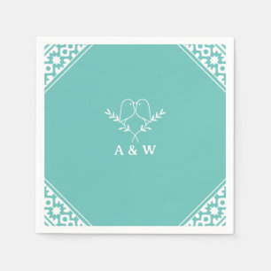 Serviette En Papier Élégant Monogramme Lovebirds en Turquoise