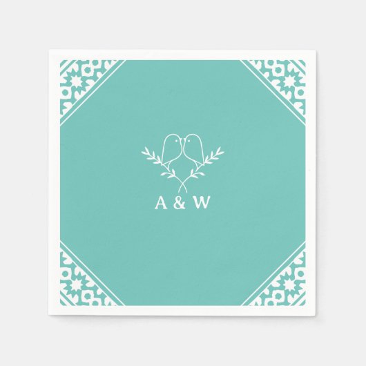 Serviette En Papier Élégant Monogramme Lovebirds en Turquoise (Devant)