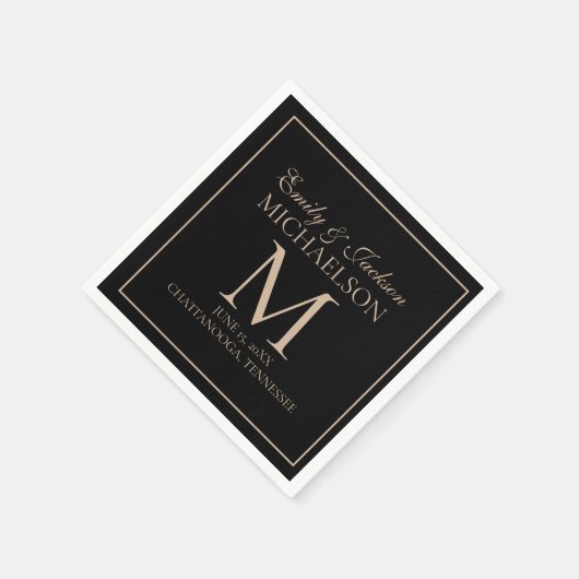 Serviette En Papier Élégant Monogramme Mariage Black Gold (Coin)