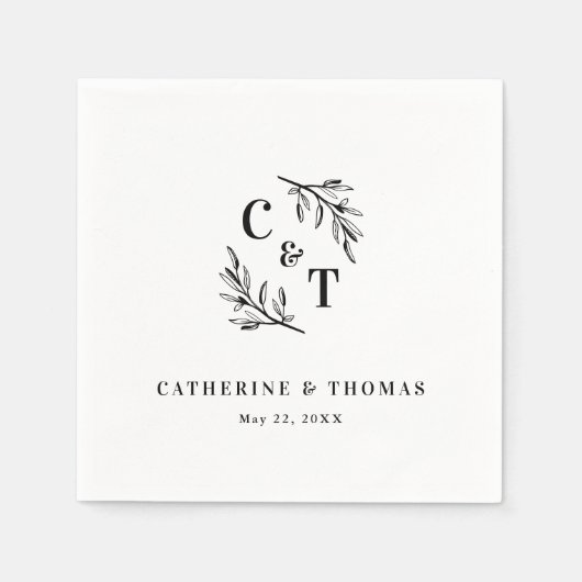 Serviette En Papier Élégant Monogramme Mariage Feuille (Devant)