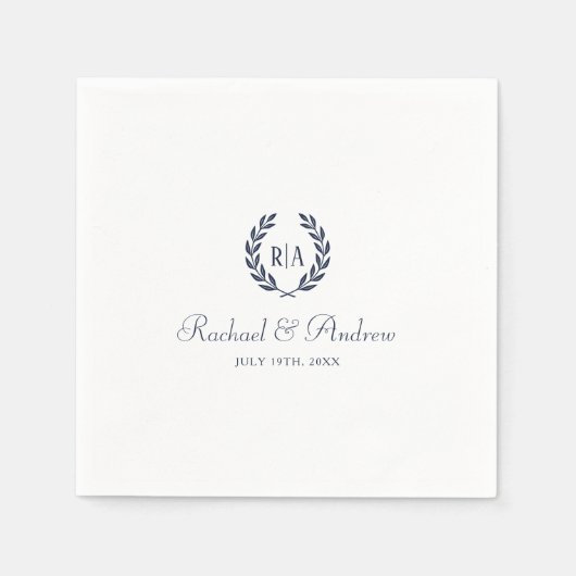 Serviette En Papier Élégant Monogramme Mariage Marine Bleu (Devant)