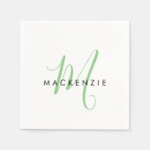 Serviette En Papier Élégant Monogramme moderne blanc vert Script (Devant)