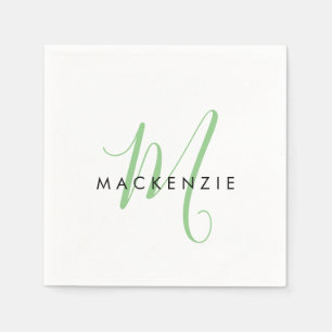 Serviette En Papier Élégant Monogramme moderne blanc vert Script