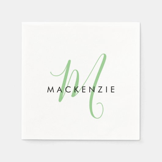 Serviette En Papier Élégant Monogramme moderne blanc vert Script (Devant)