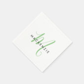Serviette En Papier Élégant Monogramme moderne blanc vert Script (Coin)
