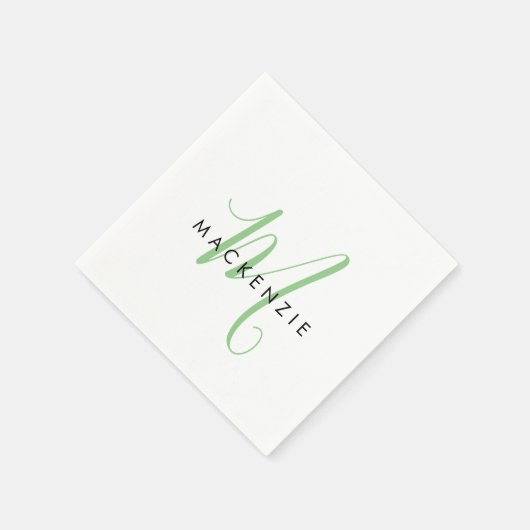 Serviette En Papier Élégant Monogramme moderne blanc vert Script (Coin)