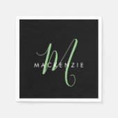 Serviette En Papier Élégant Monogramme moderne noir vert Script (Devant)