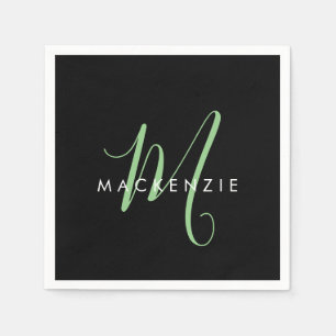 Serviette En Papier Élégant Monogramme moderne noir vert Script