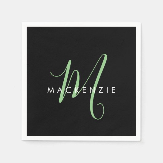 Serviette En Papier Élégant Monogramme moderne noir vert Script (Devant)