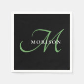 Serviette En Papier Élégant Monogramme moderne noir vert Script (Devant)