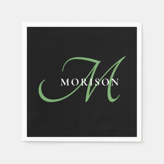 Serviette En Papier Élégant Monogramme moderne noir vert Script (Devant)