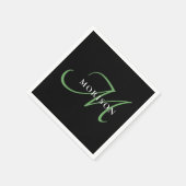 Serviette En Papier Élégant Monogramme moderne noir vert Script (Coin)