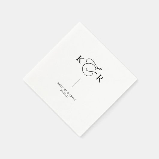 Serviette En Papier Élégant Monogramme noir blanc Mariage personnalisé (Coin)