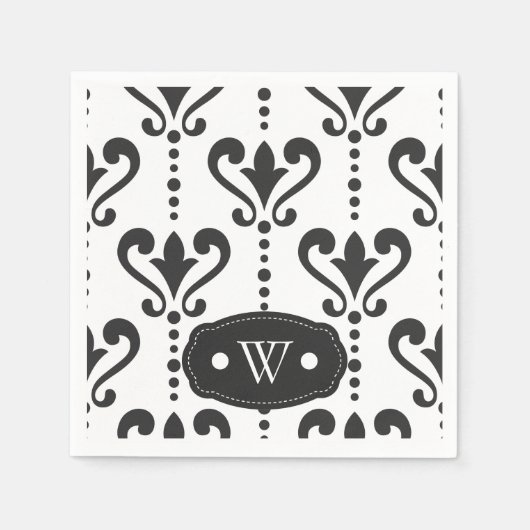 Serviette En Papier Élégant Monogramme noir et blanc damassé (Devant)