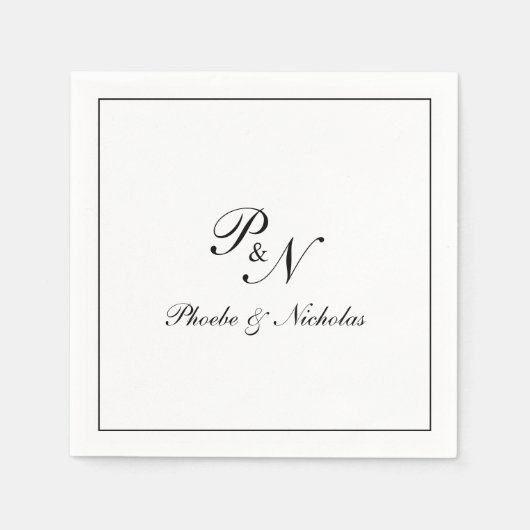 Serviette En Papier Élégant Monogramme noir et blanc Mariage officiel (Devant)
