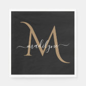 Serviette En Papier Élégant Monogramme noir et or Nom du script Napk (Devant)