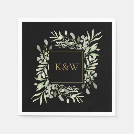 Serviette En Papier Élégant Monogramme Noir Et Or Verdure (Devant)