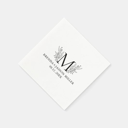 Serviette En Papier Élégant monogramme noir nouvellement marié (Coin)