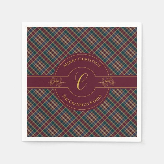 Serviette En Papier Élégant Monogramme Or Plaid Noël (Devant)