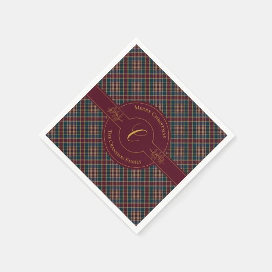 Serviette En Papier Élégant Monogramme Or Plaid Noël (Coin)