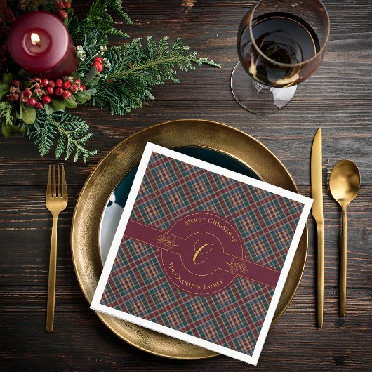 Serviette En Papier Élégant Monogramme Or Plaid Noël