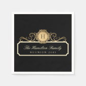 Serviette En Papier Élégant Monogramme Or Reunion Famille Noir (Devant)