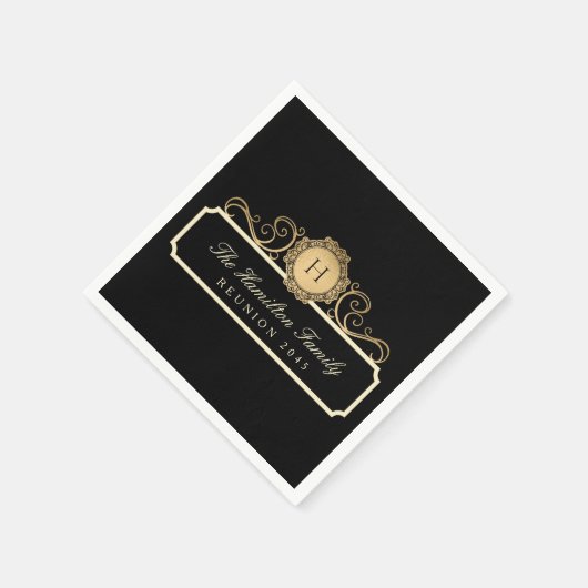 Serviette En Papier Élégant Monogramme Or Reunion Famille Noir (Coin)