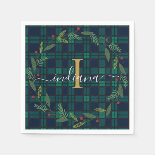 Serviette En Papier Élégant Monogramme Plaid Script Wreath Tartan Papi (Devant)