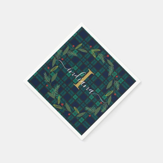 Serviette En Papier Élégant Monogramme Plaid Script Wreath Tartan Papi (Coin)