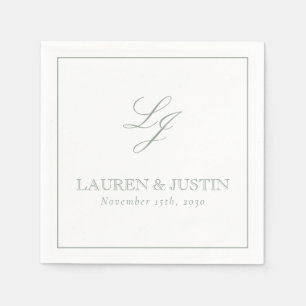 Serviette En Papier Élégant Monogramme Sage Green Simple Script Mariag