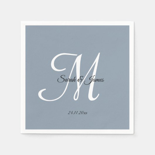 Serviette En Papier Élégant Monogramme Script Dusty Blue Wedding Party (Devant)