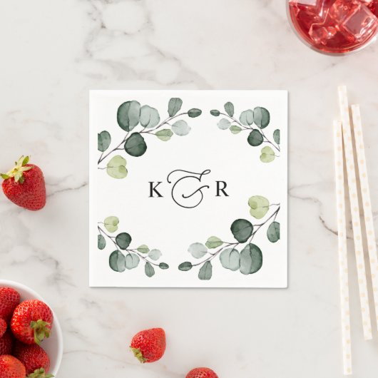 Serviette En Papier Elégant Monogramme Verdure Eucalyptus Personnalisé (En situation)