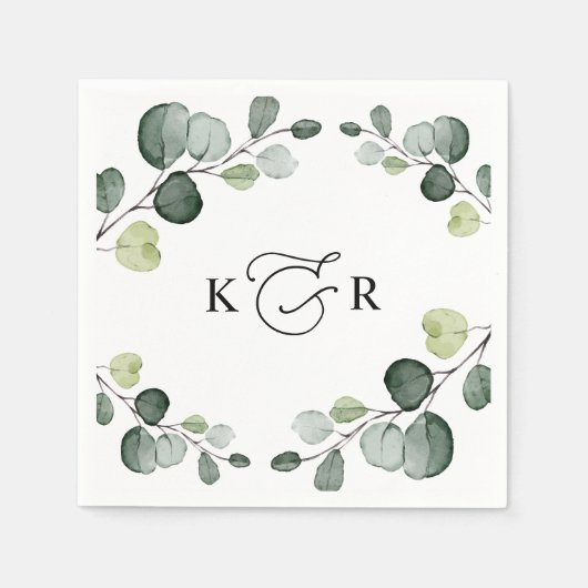 Serviette En Papier Elégant Monogramme Verdure Eucalyptus Personnalisé (Devant)