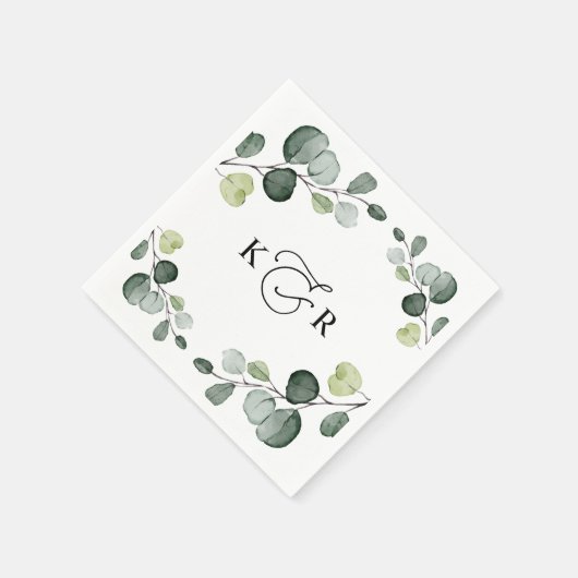 Serviette En Papier Elégant Monogramme Verdure Eucalyptus Personnalisé (Coin)