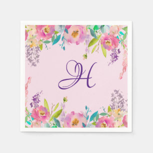 Serviette En Papier Élégant Monogramme violet rose printemps floral