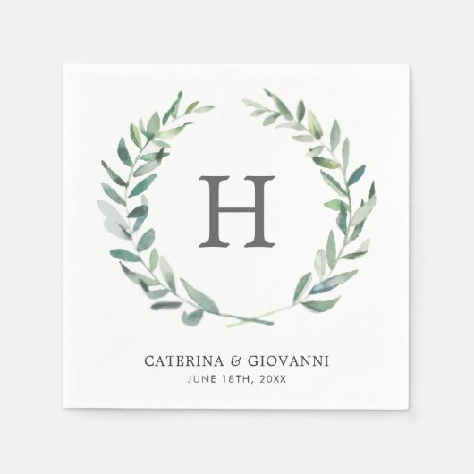 Serviette En Papier Élégant Monogramme Wreath Verdure Mariage rustique (Devant)