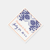 Serviette En Papier Elégant motif damassé bleu marine, corail mariage (Coin)