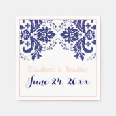 Serviette En Papier Elégant motif damassé bleu marine, mariage rose (Devant)