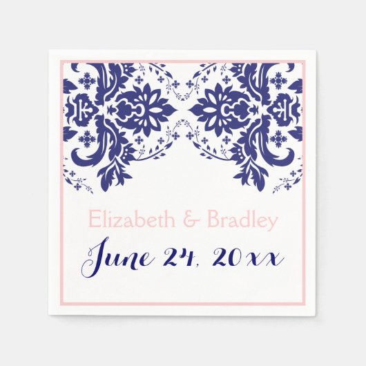 Serviette En Papier Elégant motif damassé bleu marine, mariage rose (Devant)