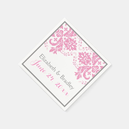 Serviette En Papier Elégant motif damassé rose, gris mariage (Coin)