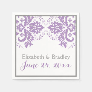 Serviette En Papier Elégant motif damassé violet, gris mariage