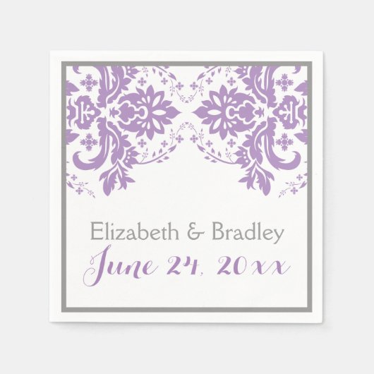 Serviette En Papier Elégant motif damassé violet, gris mariage (Devant)