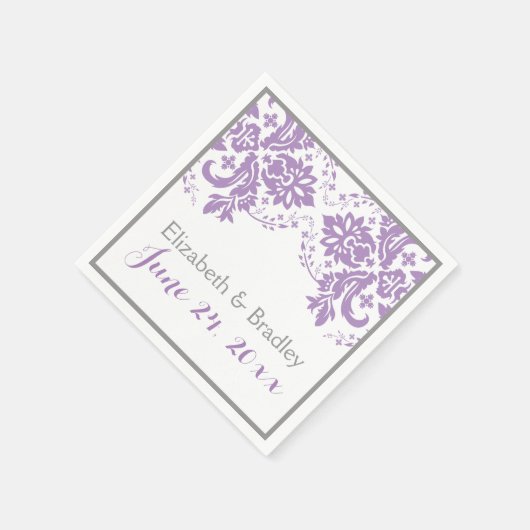 Serviette En Papier Elégant motif damassé violet, gris mariage (Coin)