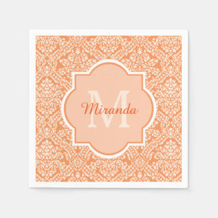 Serviette En Papier Élégant motif de Damas orange Monogramme et nom