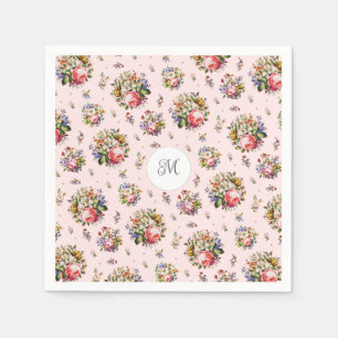 Serviette En Papier Élégant motif floral rose vintage avec monogramme