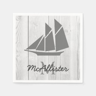 Serviette En Papier Elégant Nautique Gris Voilier & Blanc Faux Bois