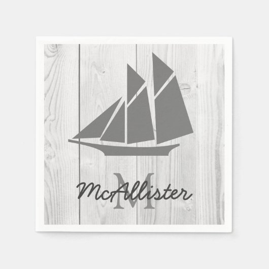 Serviette En Papier Elégant Nautique Gris Voilier & Blanc Faux Bois (Devant)